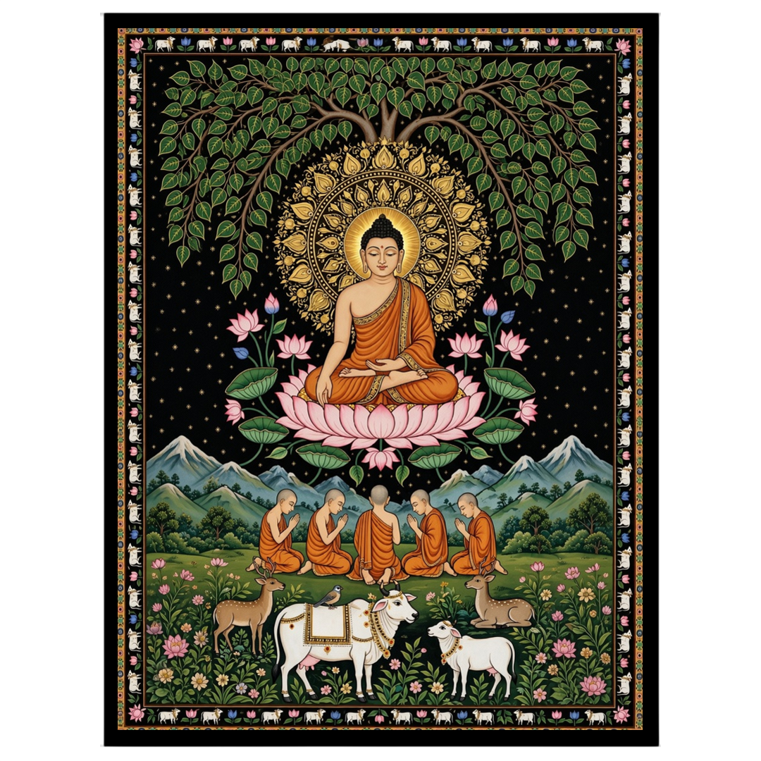 This exquisite art piece portrays the serene presence of Lord Buddha seated under a lush Tree of for gallery