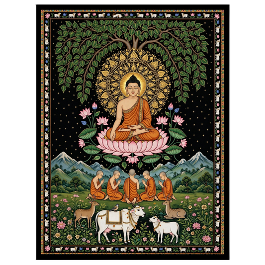 This exquisite art piece portrays the serene presence of Lord Buddha seated under a lush Tree of for gallery