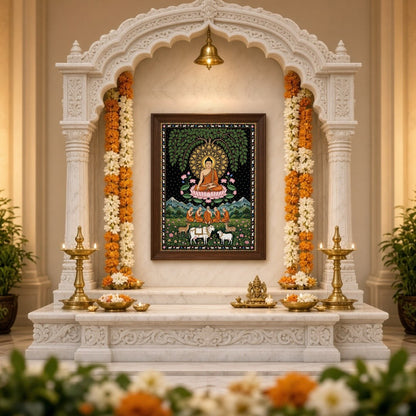 This exquisite art piece portrays the serene presence of Lord Buddha seated under a lush Tree of for Home Temple