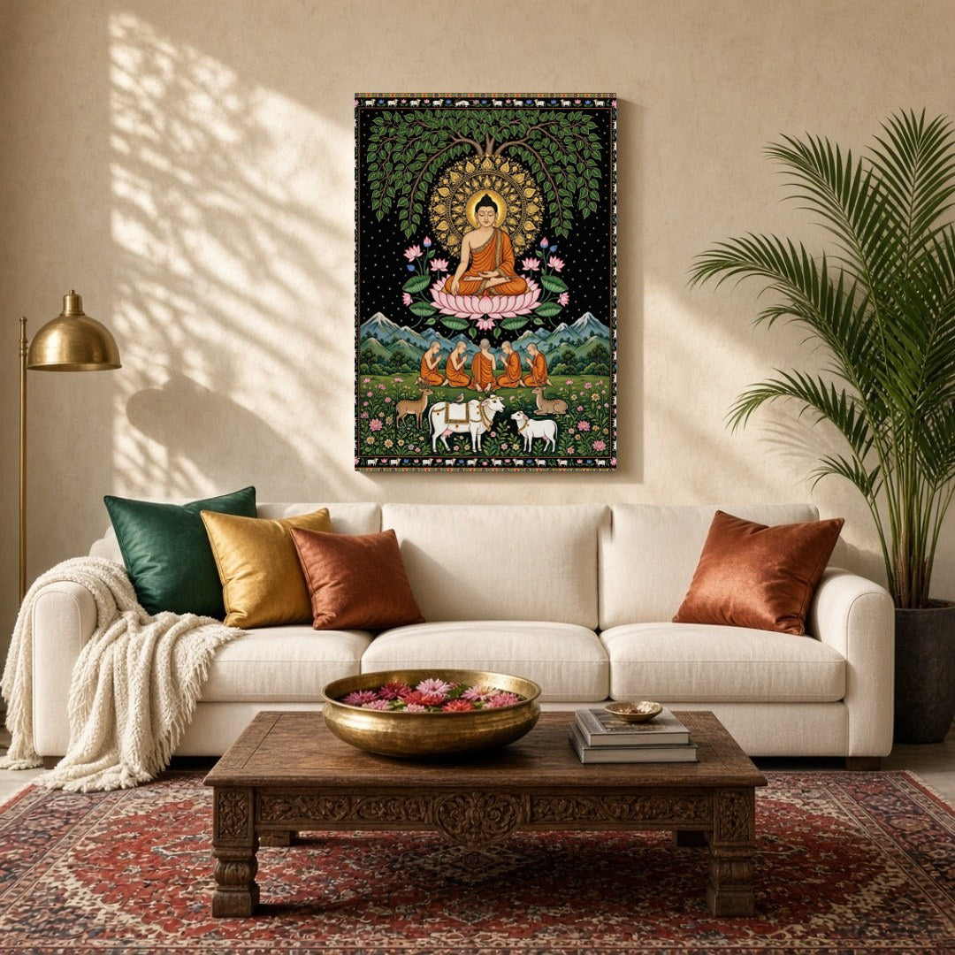 This exquisite art piece portrays the serene presence of Lord Buddha seated under a lush Tree of for Living Room