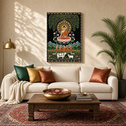 This exquisite art piece portrays the serene presence of Lord Buddha seated under a lush Tree of for Living Room