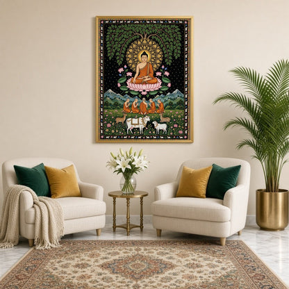 This exquisite art piece portrays the serene presence of Lord Buddha seated under a lush Tree of for Sitting Lounge