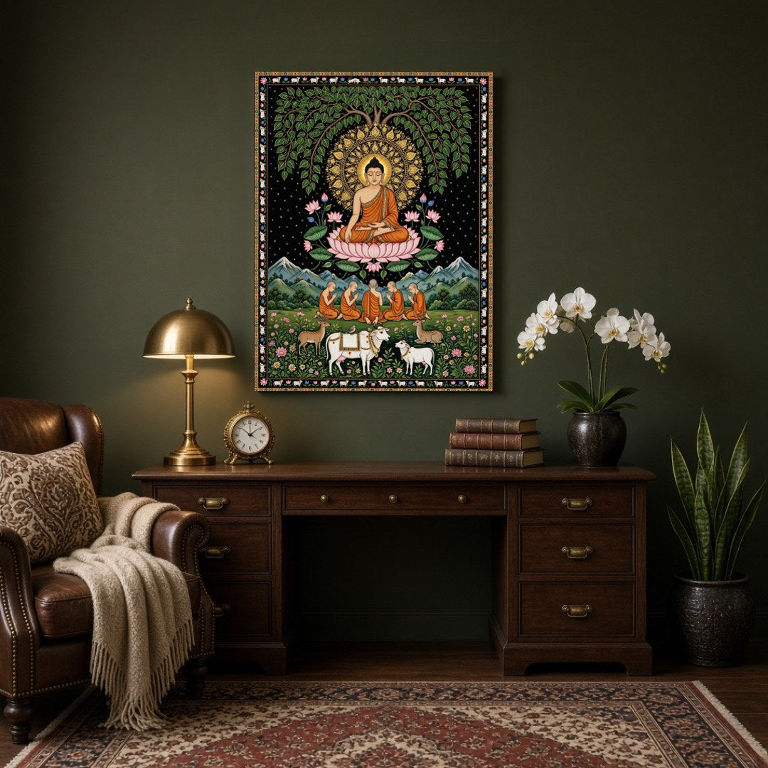 This exquisite art piece portrays the serene presence of Lord Buddha seated under a lush Tree of for Study