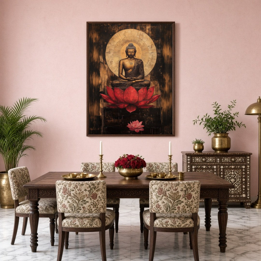 Immerse yourself in the serene grace of this stunning artwork depicting Lord Buddha in deep for Dining