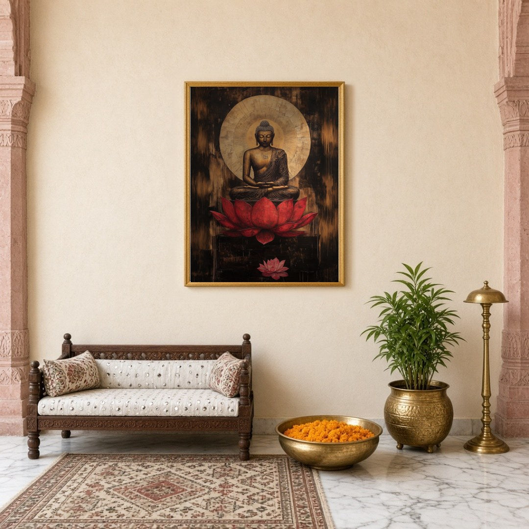 Immerse yourself in the serene grace of this stunning artwork depicting Lord Buddha in deep for Entrance