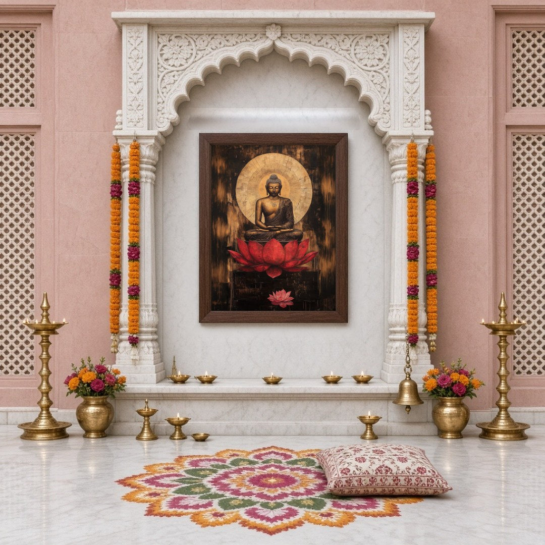 Immerse yourself in the serene grace of this stunning artwork depicting Lord Buddha in deep for Home Temple