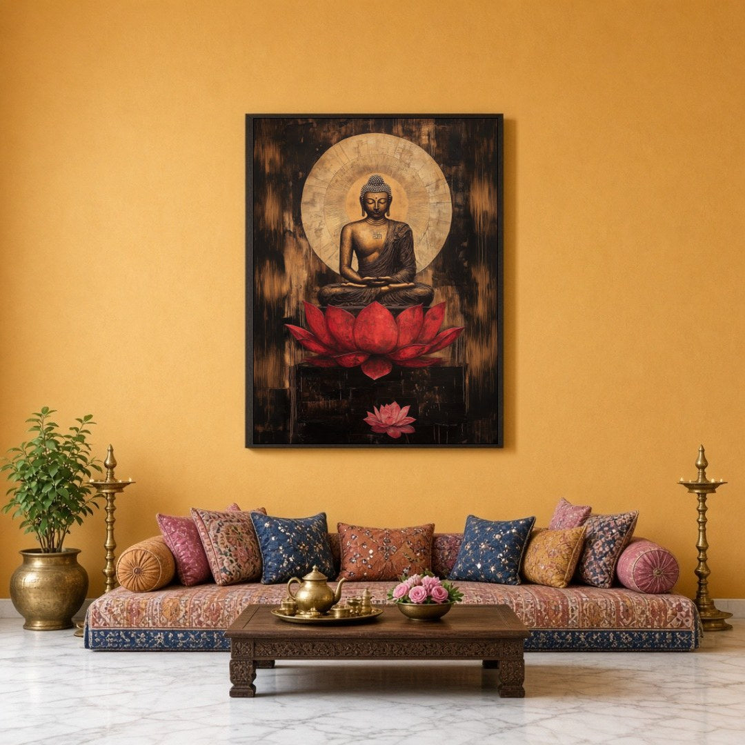 Immerse yourself in the serene grace of this stunning artwork depicting Lord Buddha in deep for Sitting Lounge