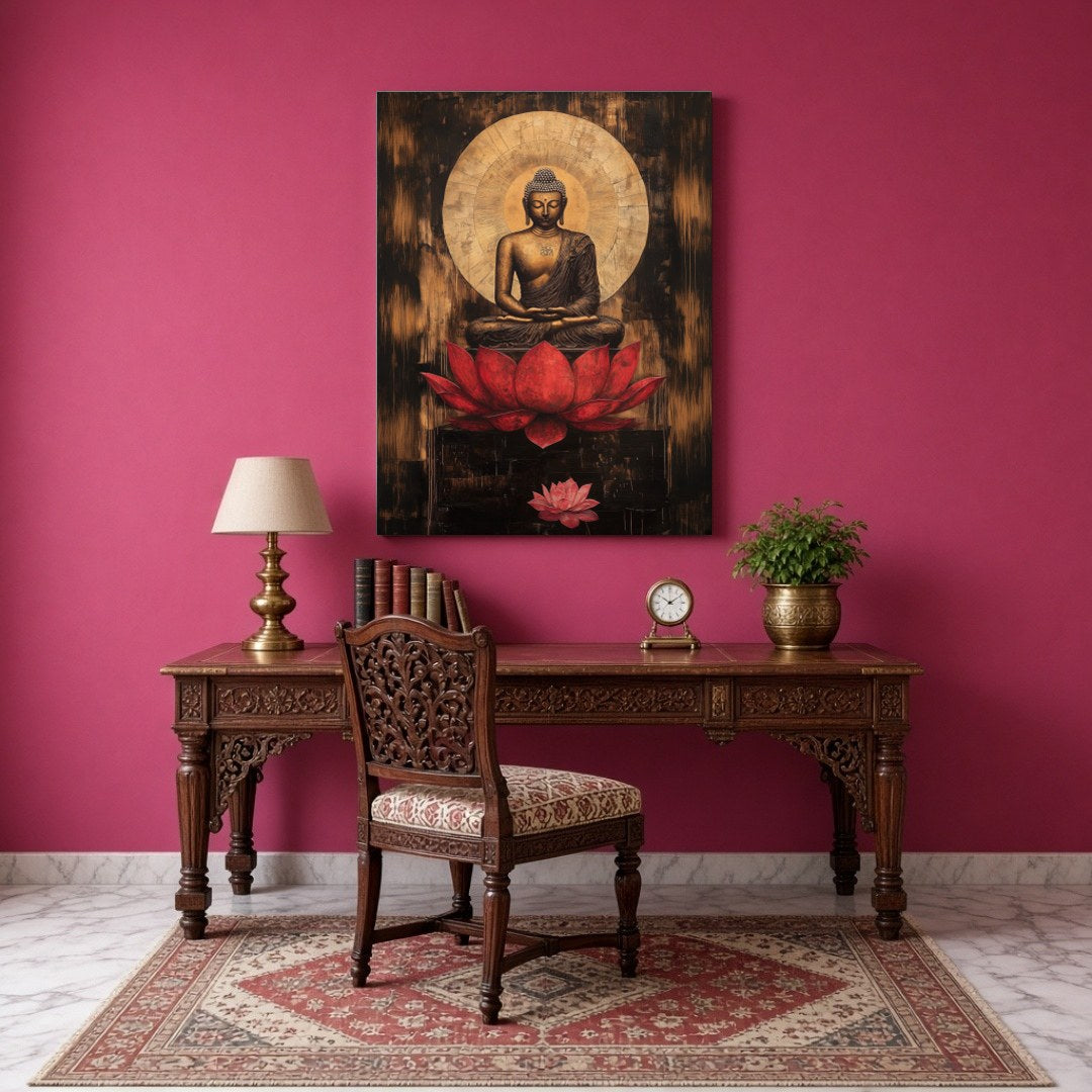 Immerse yourself in the serene grace of this stunning artwork depicting Lord Buddha in deep for Study