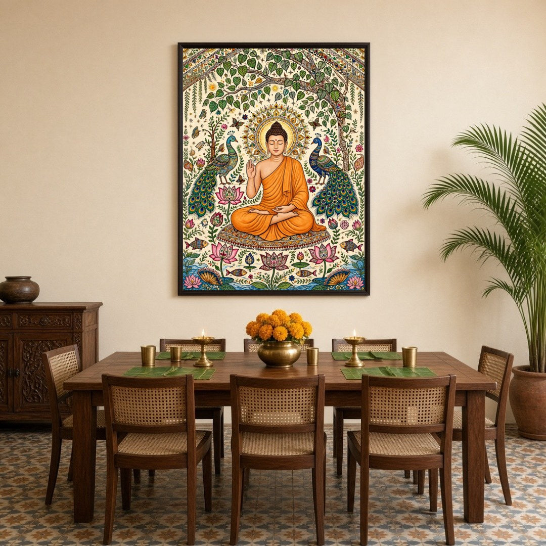 This exquisite artwork captures the serene elegance of Lord Buddha surrounded by the vivid beauty for Dining