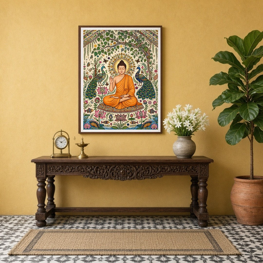 This exquisite artwork captures the serene elegance of Lord Buddha surrounded by the vivid beauty for Entrance