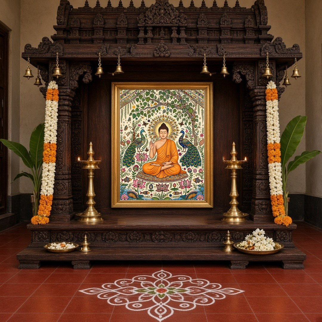 This exquisite artwork captures the serene elegance of Lord Buddha surrounded by the vivid beauty for Home Temple