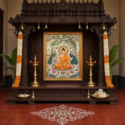 This exquisite artwork captures the serene elegance of Lord Buddha surrounded by the vivid beauty for Home Temple