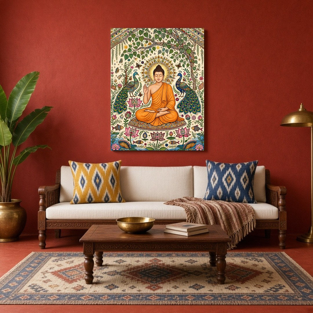 This exquisite artwork captures the serene elegance of Lord Buddha surrounded by the vivid beauty for Living Room