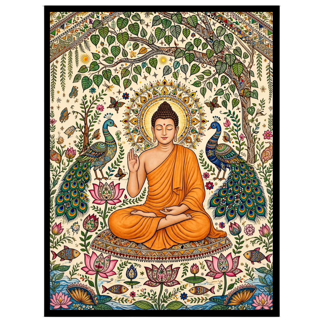 This exquisite artwork captures the serene elegance of Lord Buddha surrounded by the vivid beauty for room