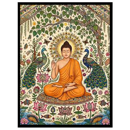 This exquisite artwork captures the serene elegance of Lord Buddha surrounded by the vivid beauty for room