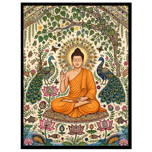 This exquisite artwork captures the serene elegance of Lord Buddha surrounded by the vivid beauty for room