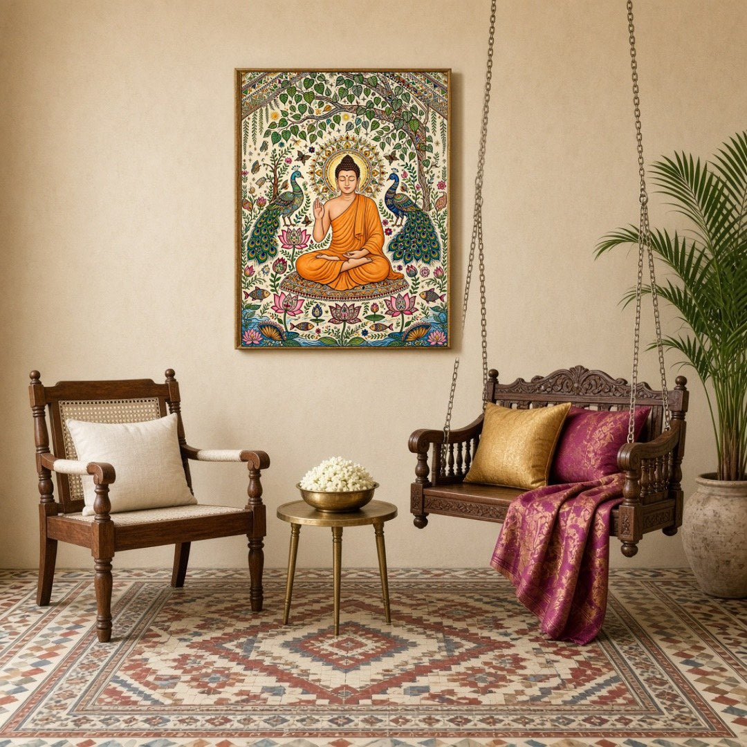 This exquisite artwork captures the serene elegance of Lord Buddha surrounded by the vivid beauty for Sitting Lounge