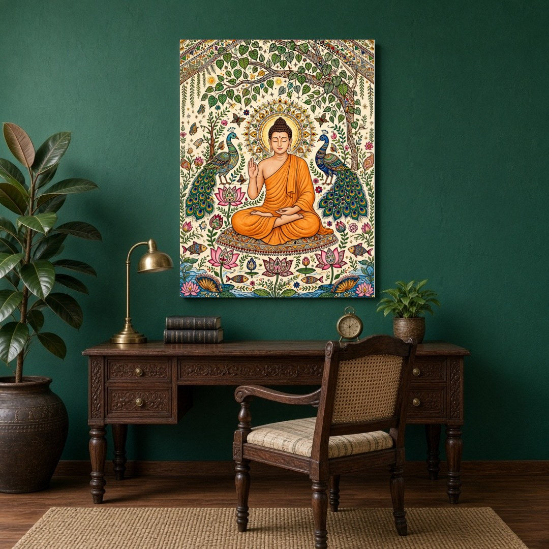 This exquisite artwork captures the serene elegance of Lord Buddha surrounded by the vivid beauty for Study