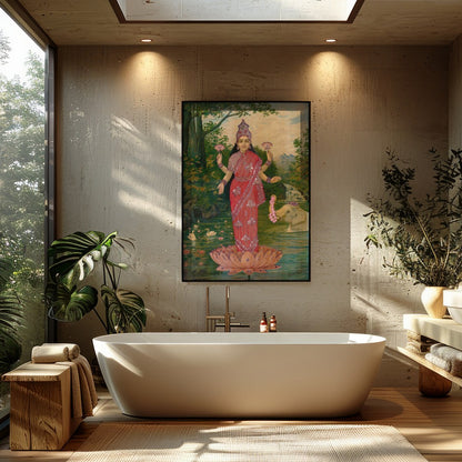 This stunning piece captures the serene presence of a divine figure standing gracefully on a lotus for Bathroom