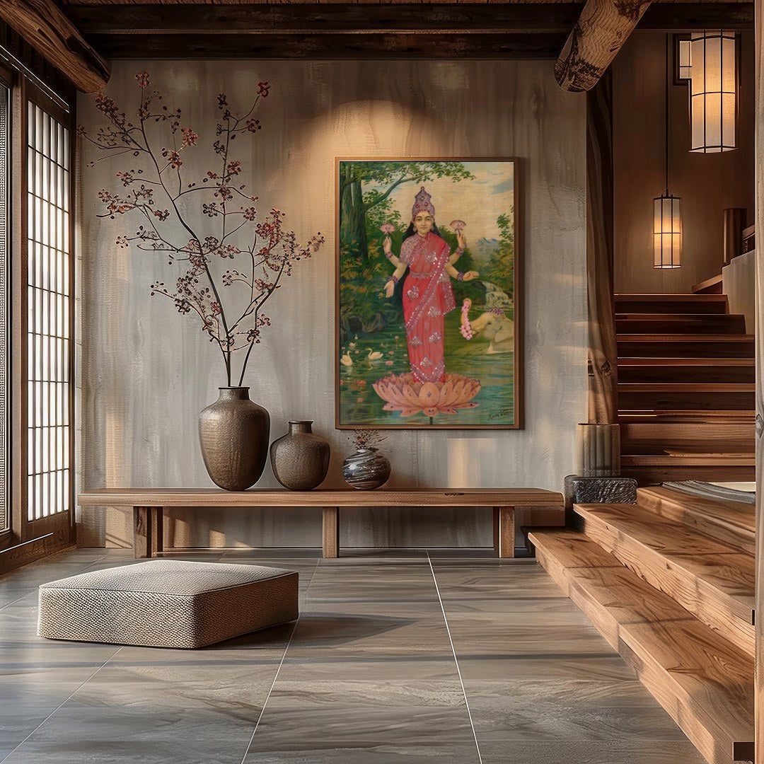 This stunning piece captures the serene presence of a divine figure standing gracefully on a lotus for Hall