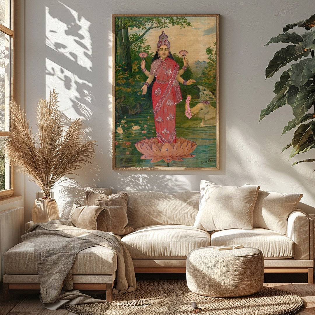 This stunning piece captures the serene presence of a divine figure standing gracefully on a lotus for Sitting Area