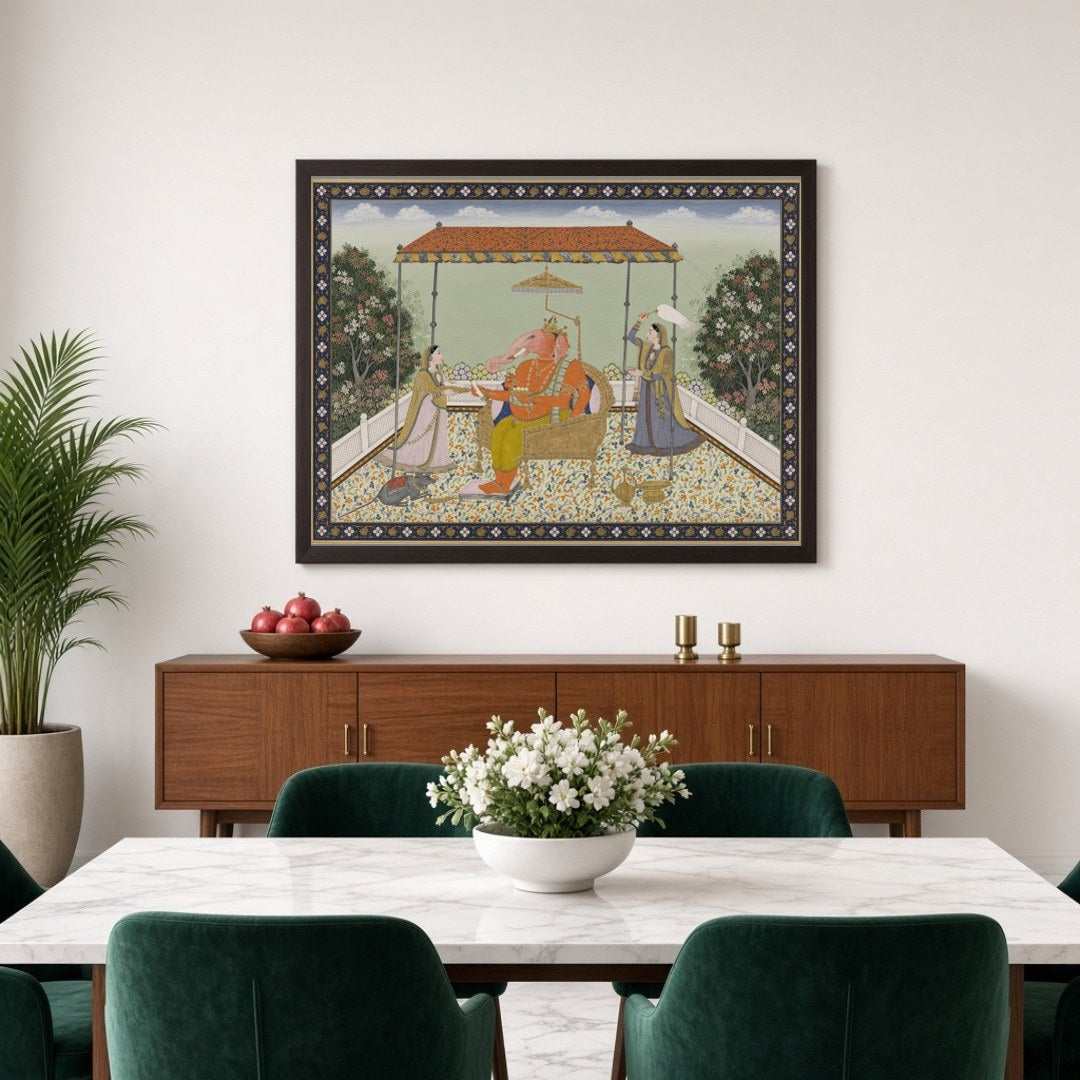 Celebrate the majestic aura of Lord Ganesha in this exquisite Pichwai art piece. Rendered with for Dining