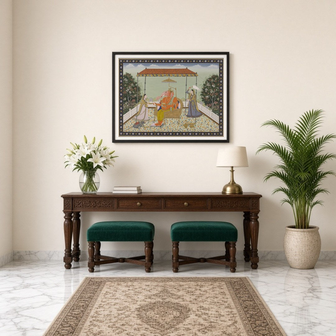 Celebrate the majestic aura of Lord Ganesha in this exquisite Pichwai art piece. Rendered with for Entrance