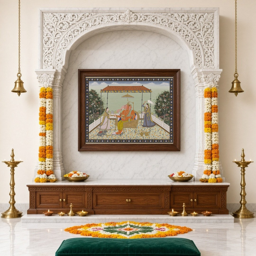 Celebrate the majestic aura of Lord Ganesha in this exquisite Pichwai art piece. Rendered with for Home Temple
