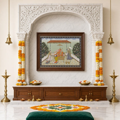 Celebrate the majestic aura of Lord Ganesha in this exquisite Pichwai art piece. Rendered with for Home Temple