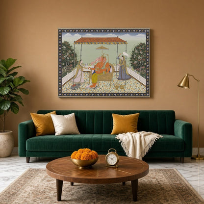 Celebrate the majestic aura of Lord Ganesha in this exquisite Pichwai art piece. Rendered with for Living Room
