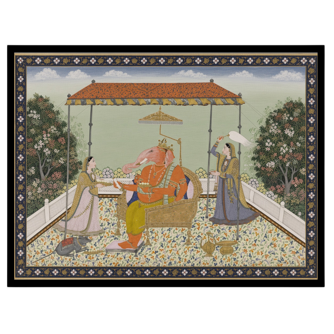 Celebrate the majestic aura of Lord Ganesha in this exquisite Pichwai art piece. Rendered with for nook