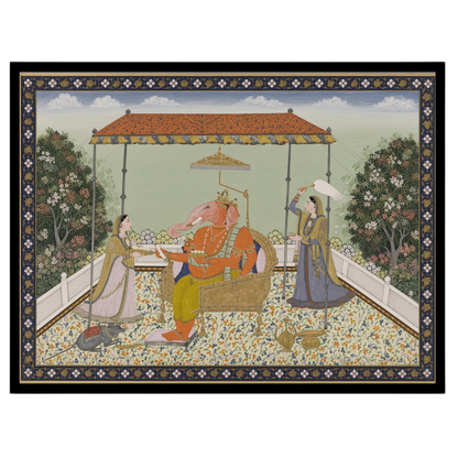 Celebrate the majestic aura of Lord Ganesha in this exquisite Pichwai art piece. Rendered with for nook