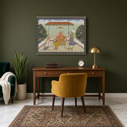 Celebrate the majestic aura of Lord Ganesha in this exquisite Pichwai art piece. Rendered with for Study