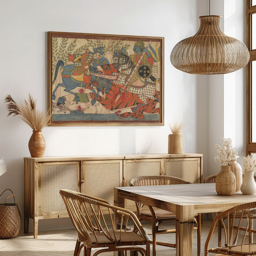 Immerse yourself in a vivid depiction of a historical battle, rendered in vibrant traditional for Dining