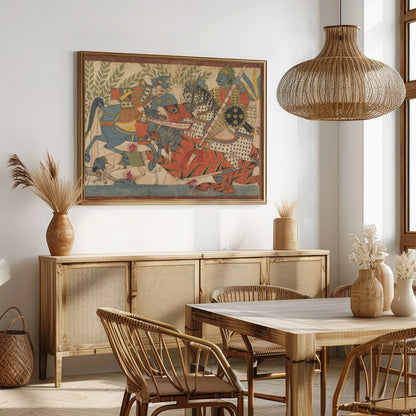 Immerse yourself in a vivid depiction of a historical battle, rendered in vibrant traditional for Dining
