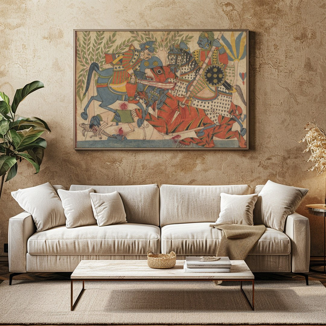 Immerse yourself in a vivid depiction of a historical battle, rendered in vibrant traditional for Family Room