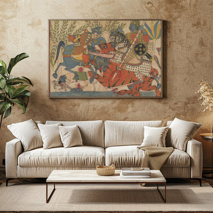 Immerse yourself in a vivid depiction of a historical battle, rendered in vibrant traditional for Family Room