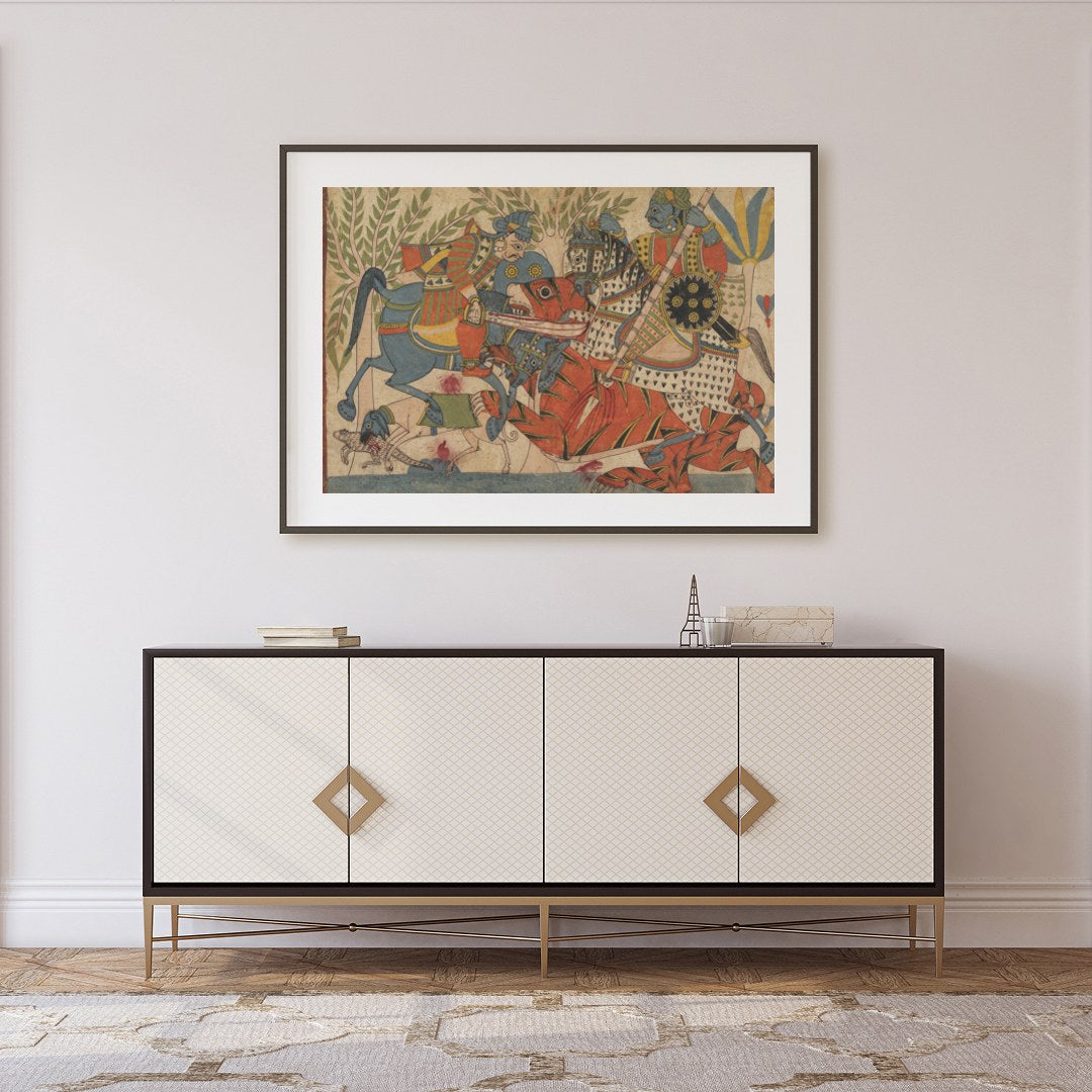 Immerse yourself in a vivid depiction of a historical battle, rendered in vibrant traditional for Foyer