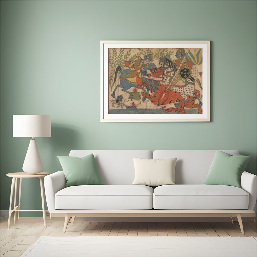 Immerse yourself in a vivid depiction of a historical battle, rendered in vibrant traditional for Hall