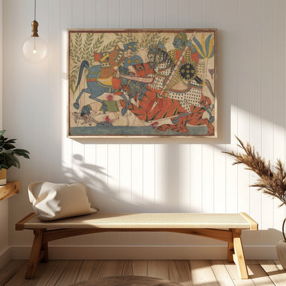 Immerse yourself in a vivid depiction of a historical battle, rendered in vibrant traditional for Hallway