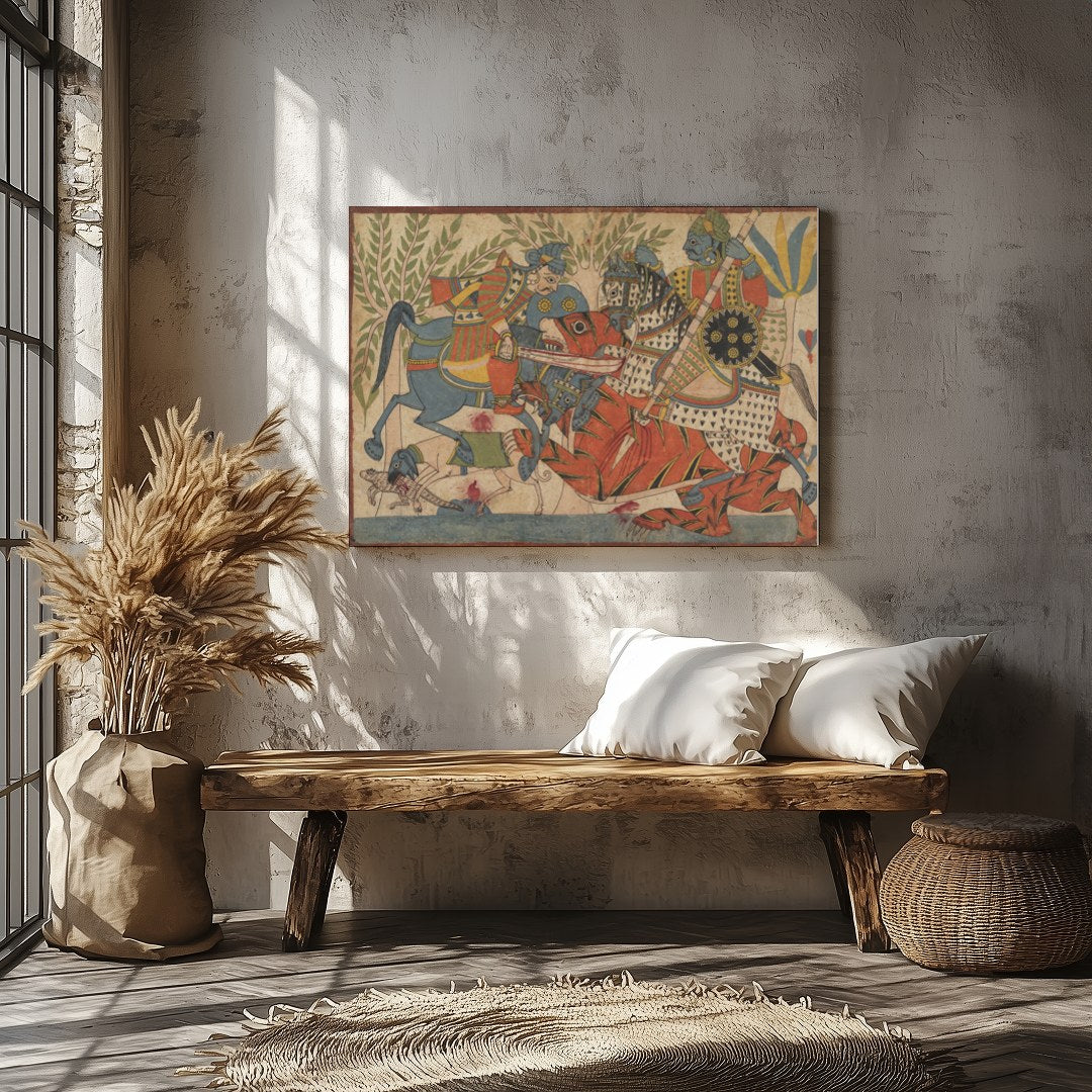 Immerse yourself in a vivid depiction of a historical battle, rendered in vibrant traditional for Veranda