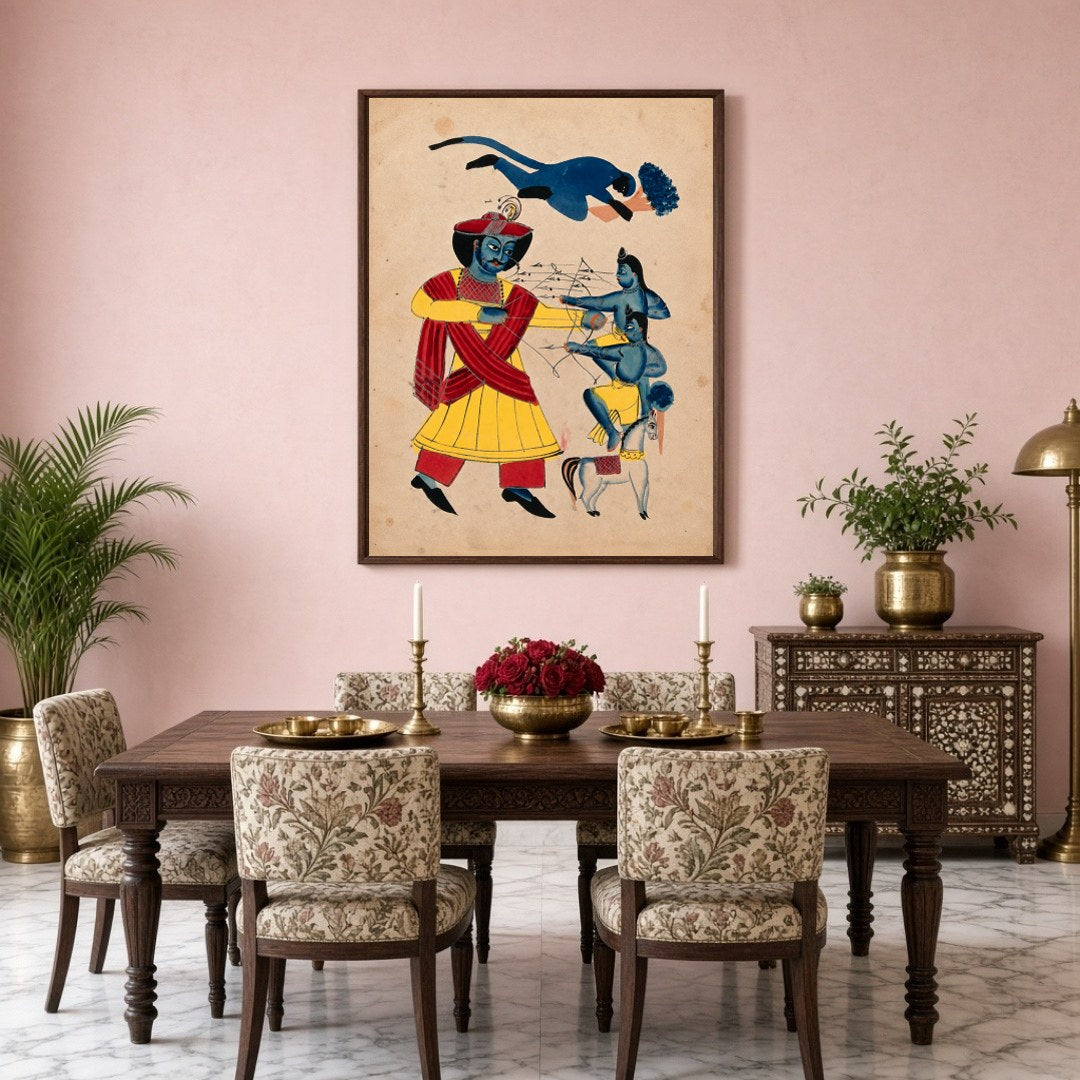 Immerse yourself in the epic tale of valor with this striking Kalighat artwork depicting Hanuman's for Dining