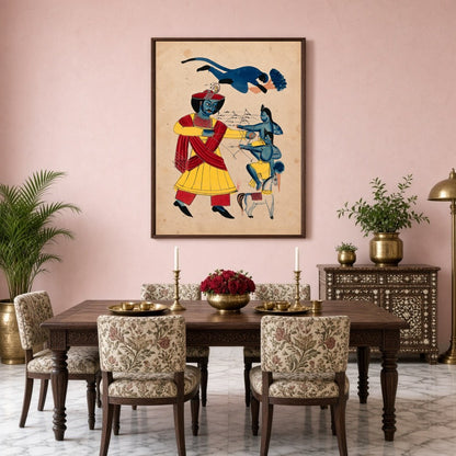 Immerse yourself in the epic tale of valor with this striking Kalighat artwork depicting Hanuman's for Dining