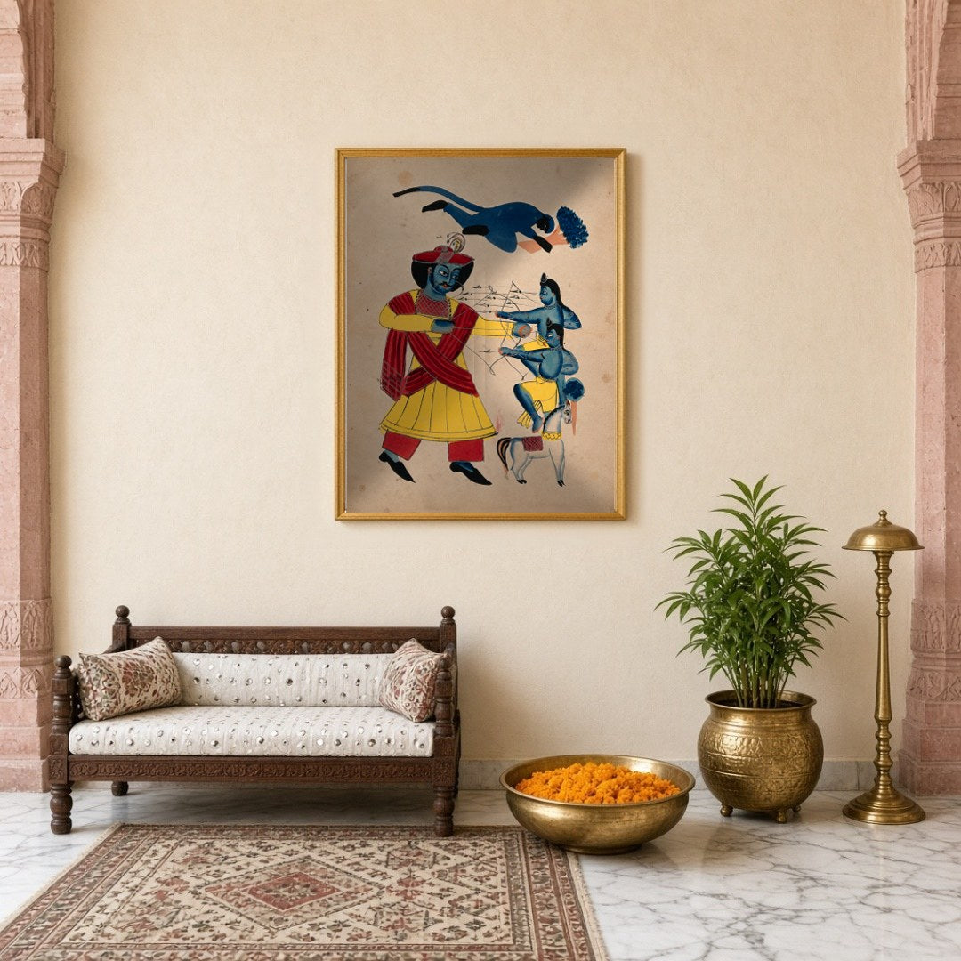 Immerse yourself in the epic tale of valor with this striking Kalighat artwork depicting Hanuman's for Entrance