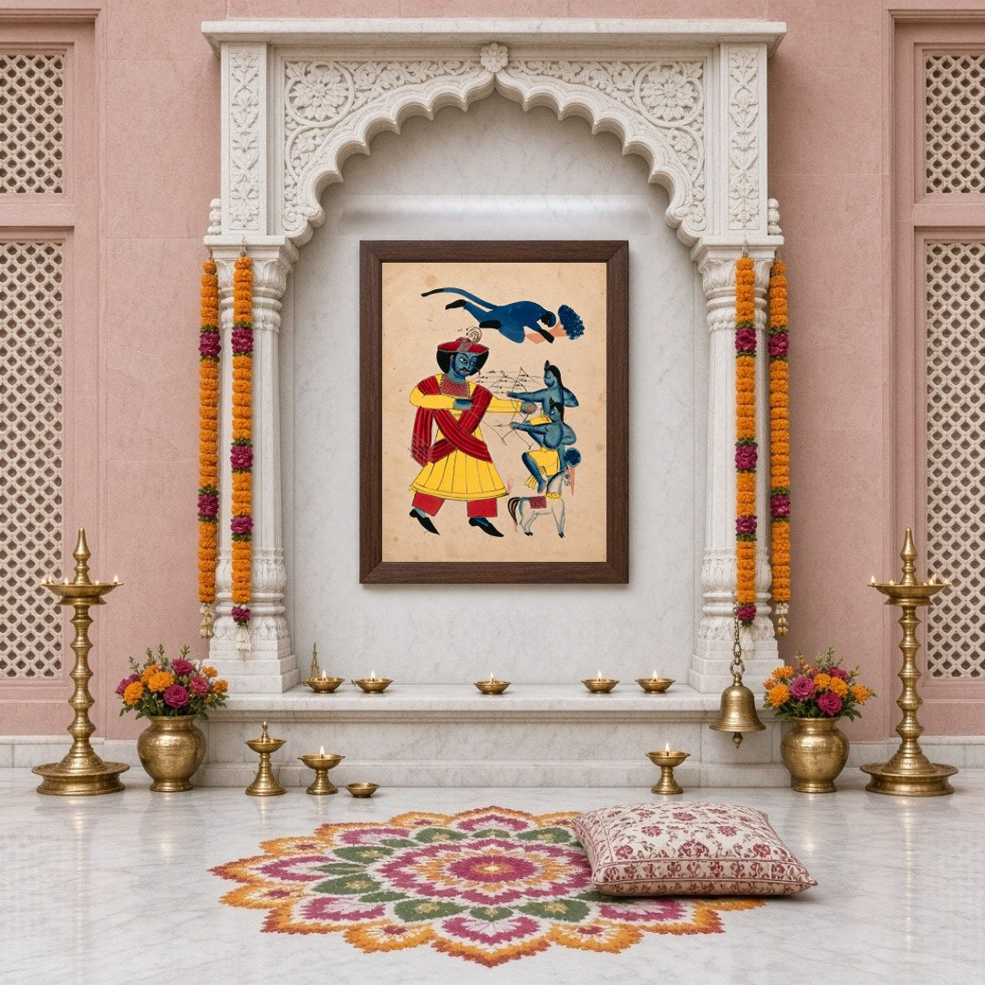 Immerse yourself in the epic tale of valor with this striking Kalighat artwork depicting Hanuman's for Home Temple