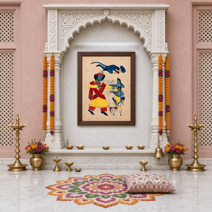 Immerse yourself in the epic tale of valor with this striking Kalighat artwork depicting Hanuman's for Home Temple
