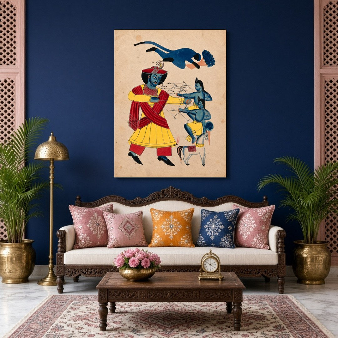 Immerse yourself in the epic tale of valor with this striking Kalighat artwork depicting Hanuman's for Living Room