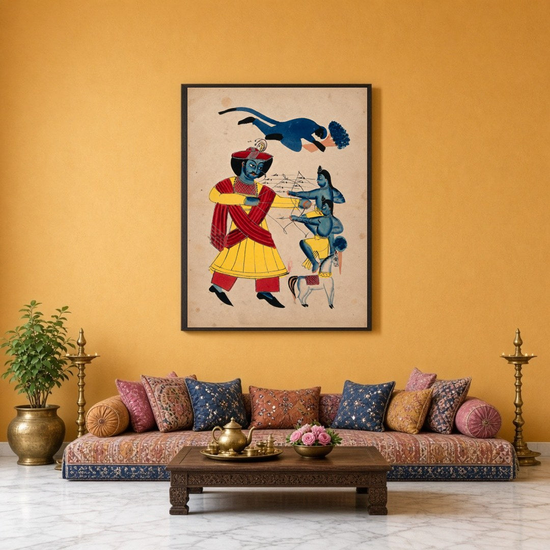 Immerse yourself in the epic tale of valor with this striking Kalighat artwork depicting Hanuman's for Sitting Lounge