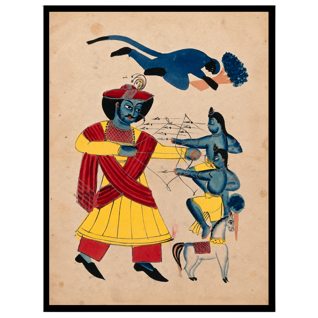 Immerse yourself in the epic tale of valor with this striking Kalighat artwork depicting Hanuman's for studio