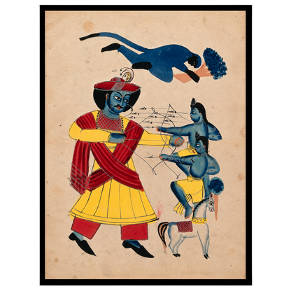 Immerse yourself in the epic tale of valor with this striking Kalighat artwork depicting Hanuman's for studio